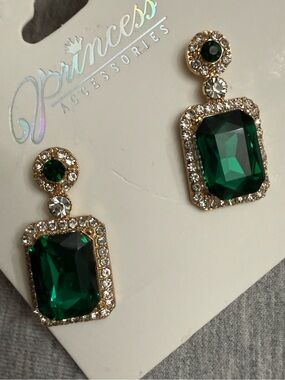 Princess Accessories Gold-Tone Emerald Green Crystal Drop Earrings
